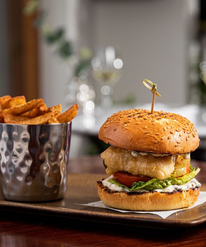 Burger and chips with beer