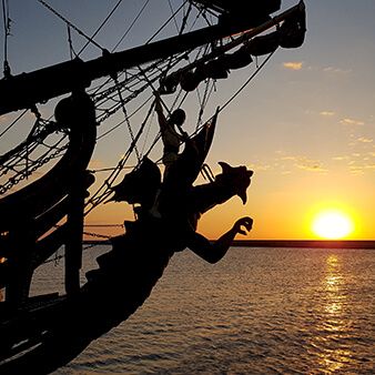 Pirate ship at sunset