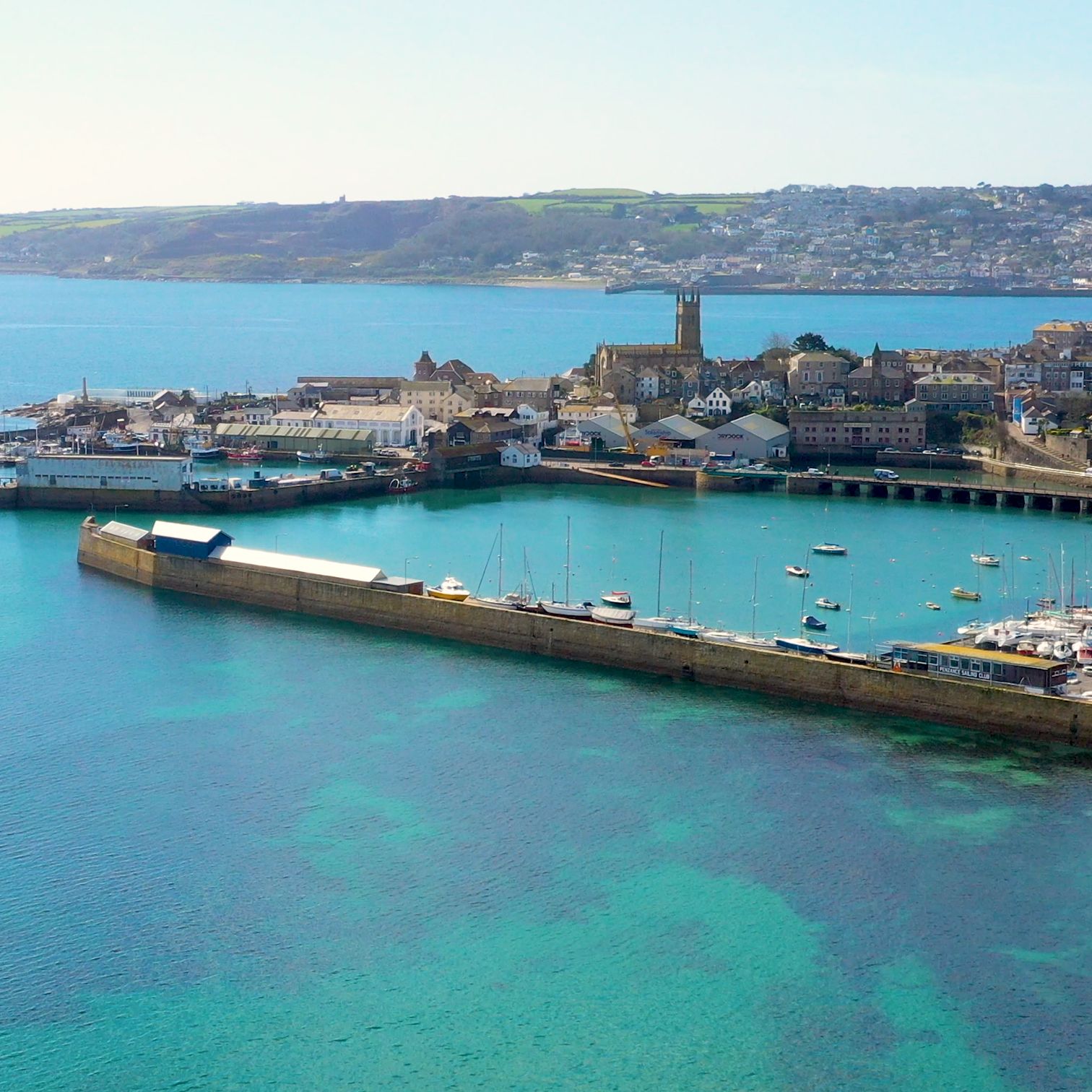 Hotel Penzance harbour with blue waters